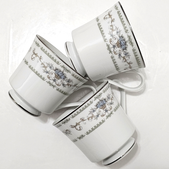 Diane by Fine China of Japan Blue Flower Scrolls - Set of 3 Footed Cups Only - Picture 3 of 16